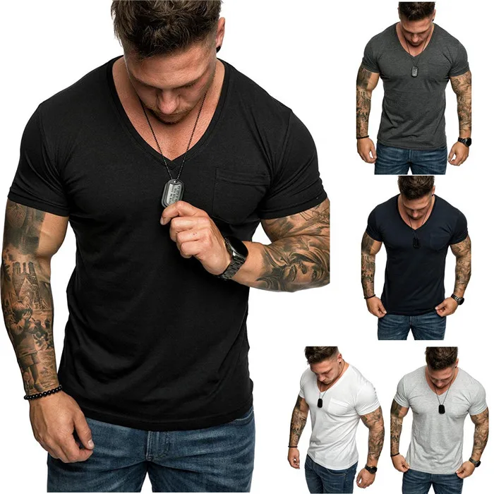 

Mens Slim Fit Shirt Fitness Short Sleeve Tees Male V neck Cotton Solid Color Tshirts Plus Size Men Clothes 2020 New Camisa Tops
