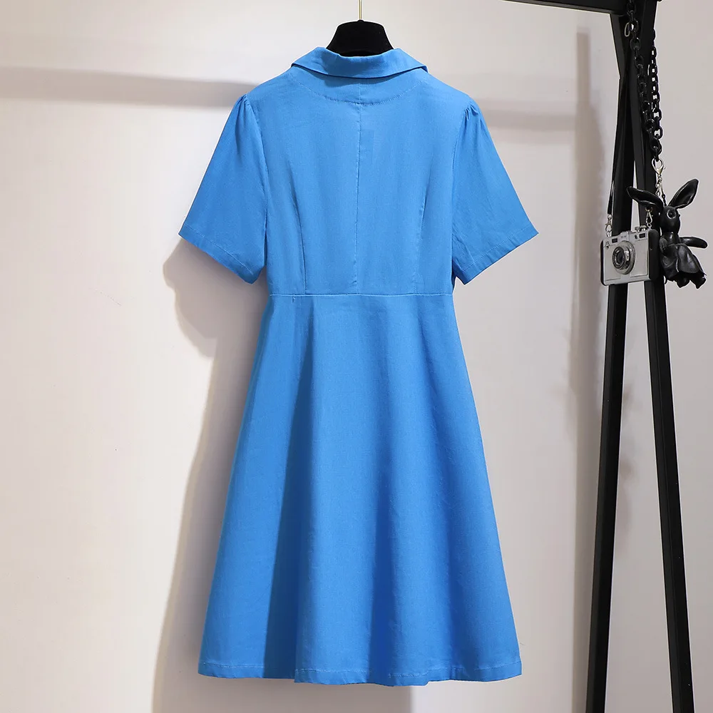 Женское мини-платье с коротким рукавом свободное синее хлопковое платье