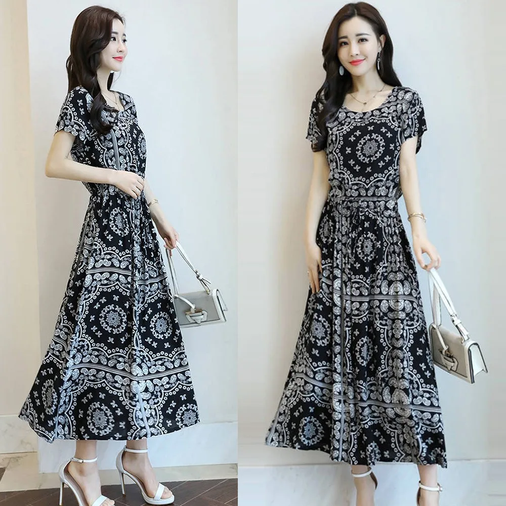 

Korean Women Bohemia V-neck Floral Slim Long Dress Maxi Dresses Summer Drawstring Sexy Vestidos Elegant Lace Up Sweet 2021 New