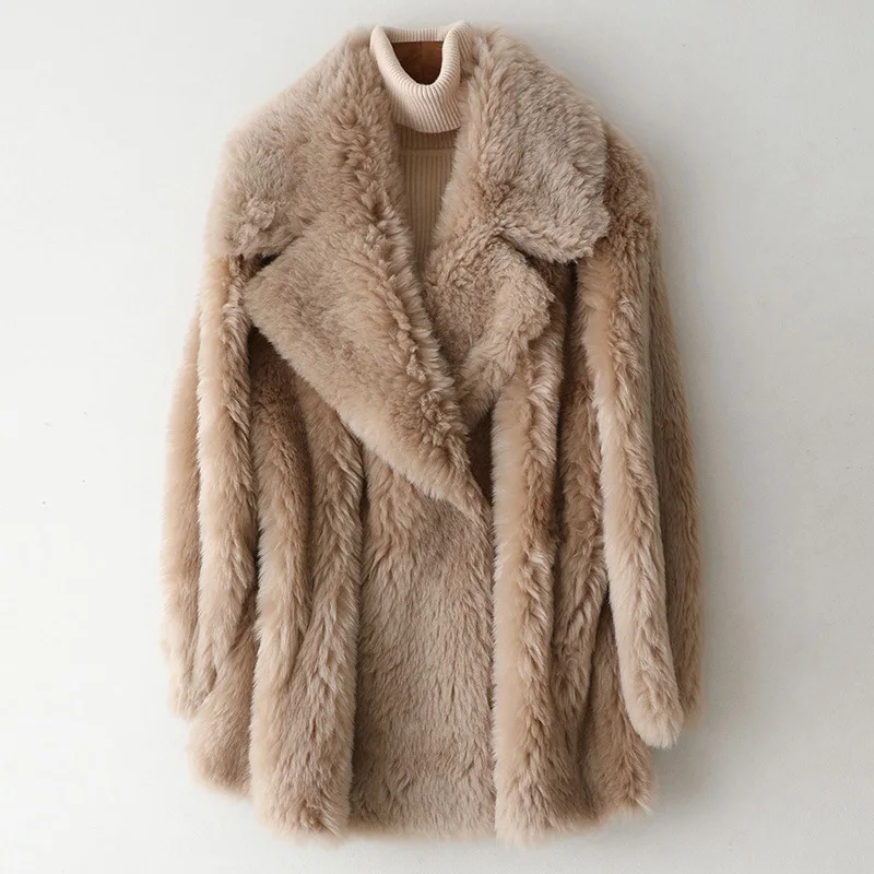 2020 Women Winter Real Wool Fur Warm Tan Jacket Coat Oversized Office Lady Middle Length Fashion Turn-Down Collar Female Clothes