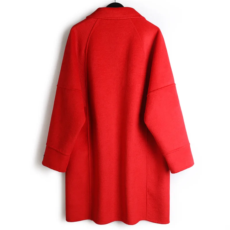 

New Hand-stitched Solid Color Straight Double-sided Wool Mid-length Single-breasted Red Double-sided Woolen Coat For Women B140