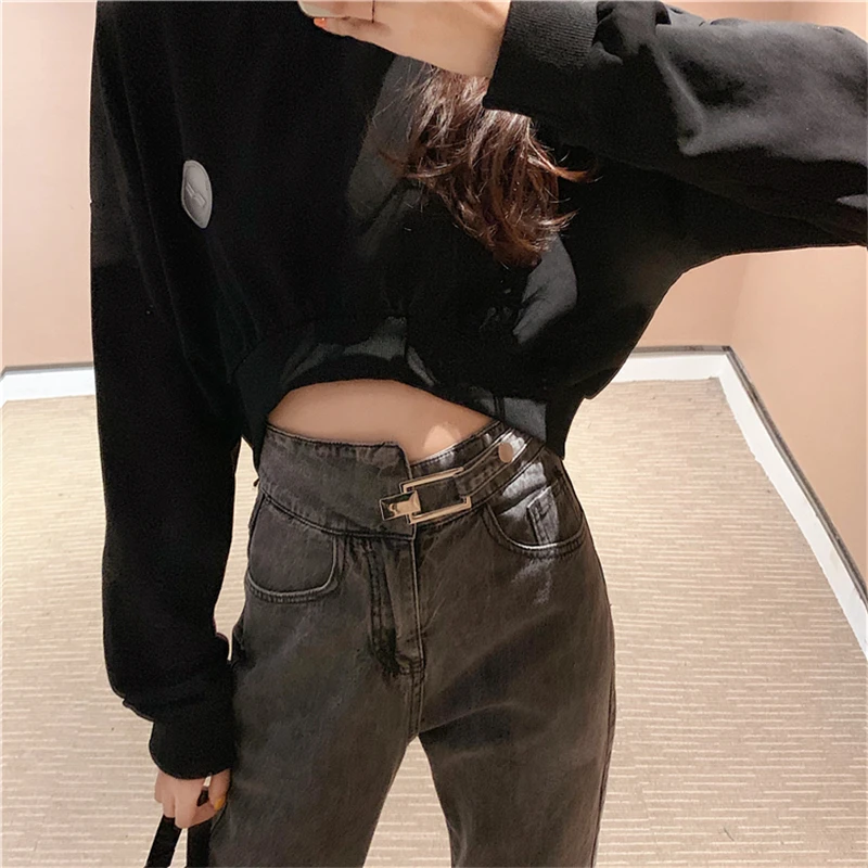 

Alien Kitty Fashionable Fleece Loose Straight Cropped Harem Pants High Waist Washed Jeans Women Simplicity Trousers Denim