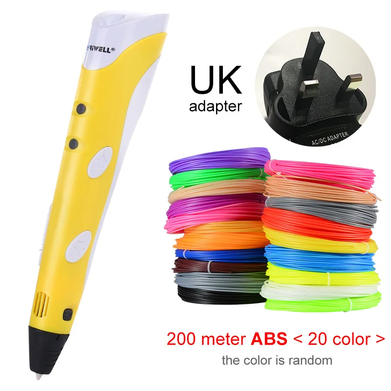 Yellow UK-200m ABS Myriwell 3D печати Ручки 1,75 мм ABS Smart 3D ручка с нити для детей развивающая серия хобби игрушки - Цвет: Yellow UK-200m ABS