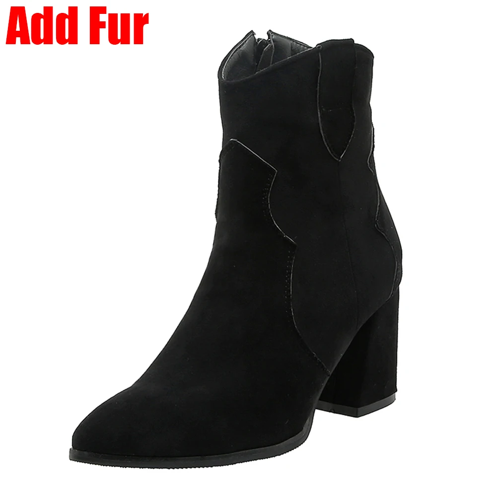 black 4 thick fur SARAIRIS/ботинки размера плюс; большие размеры 32-48; Цвета: черный острый носок; женские зимние ботильоны в стиле "Вестерн" Для женщин женская обувь на высоком каблуке - Цвет: black 4 thick fur