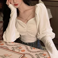 2021 summer france velvet vintage blouses women puff sleeve solid y2k tops famales chiffon fashion clothing elegant korea style