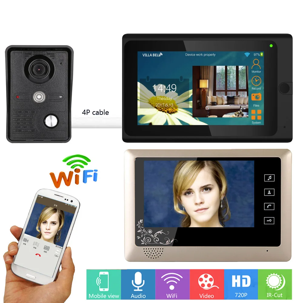 

Видеодомофон 720P, проводной/беспроводной, Wi-Fi, HD 1000TVL, экран 7 дюймов, 2 монитора, дистанционное управление через приложение