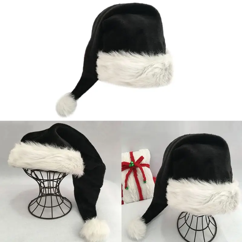 

75cm Adult Black Plush Long Christmas Hat Xmas Costume Pompom Santa Claus Cap