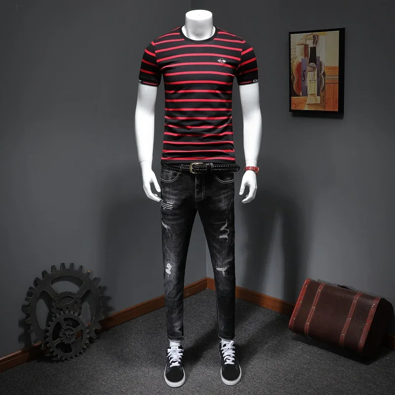 

Men's T-shirt Men Male Summer T Shirt Cotton Stripe Mens Short Sleeve Streetwear Casual High Quality Classical Tops
