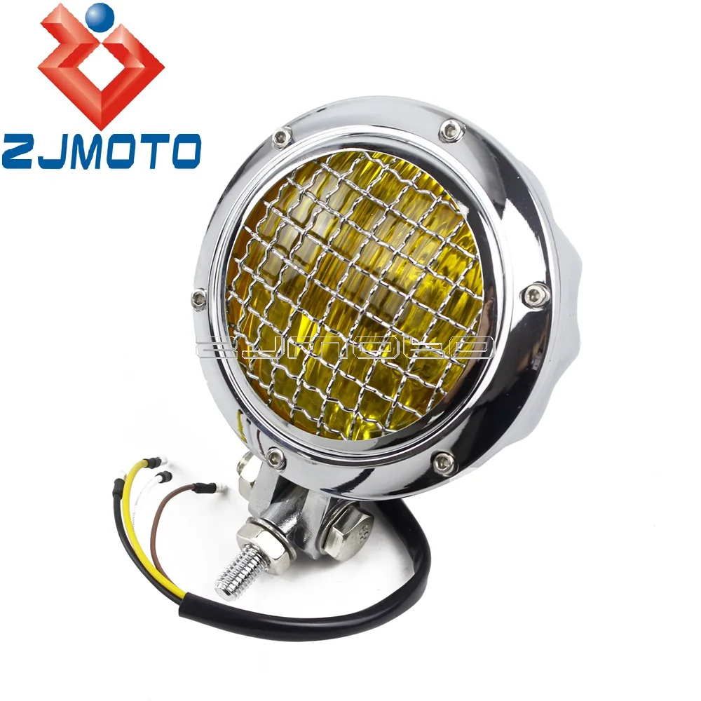Yellow Glass Motorcycle 4.5&quot Headlamp For Harley Honda Yamaha Suzuki Cafe Racer Bobber Custom Mesh Grille Headlight Polish |