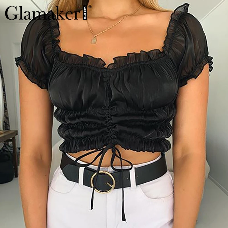 Женский плиссированный кроп-топ с открытыми плечами и оборками | Женская одежда