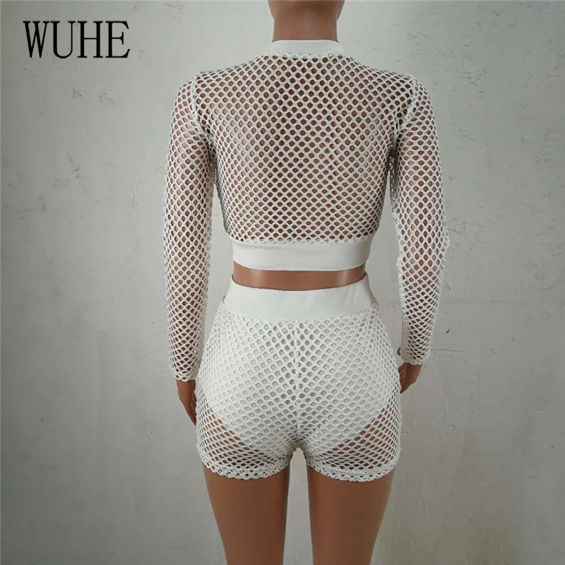 

WUHE Tracksuits High Street Outfits Hollow Out O Neck Long Sleeve Crop Top and Short Pants Sports Fitness Casual Party Clubwear