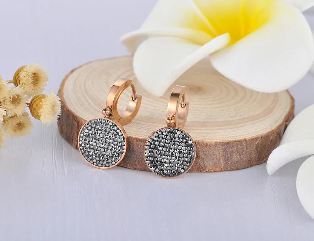 Женские круглые серьги AENINE черные красные стразы из титановой стали и розового