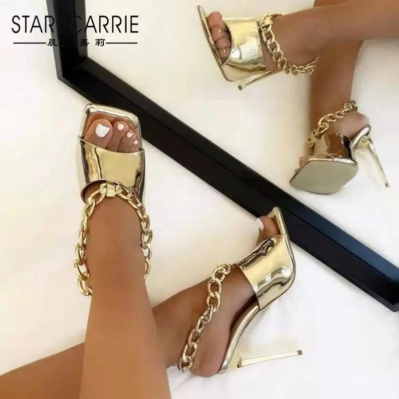 

2022 new metal chain square toe high heel sandals 35-43 women's shoes