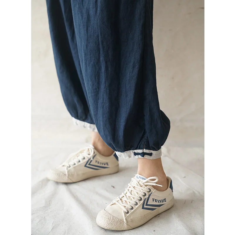 SCUWLINEN Vintage Trousers Women 2021 Casual All-match Solid Elastic Waist Plate Button Slim Ankle-length Linen Harem Pant P342