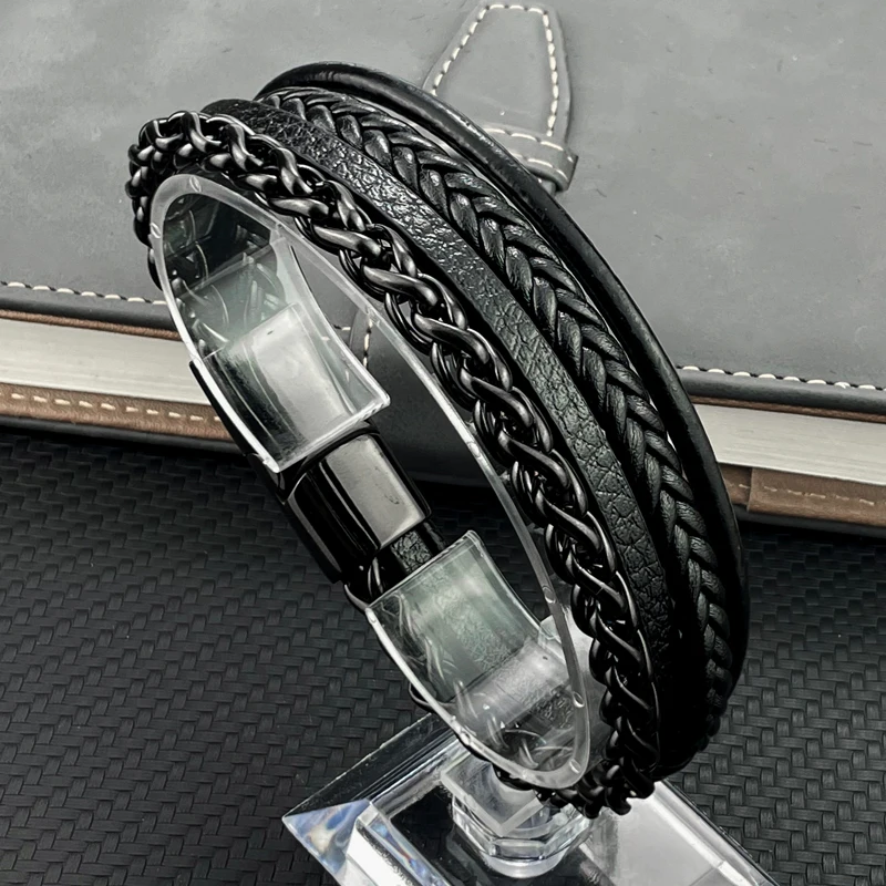 

High Quality Stainless Steel Leather Bracelets For Men Six Color Punk Curb Cuban Link Chain Bracelets On the Hand Jewelry Gifts
