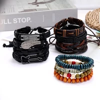 ajc vintage woven cowhide bracelet fashion mens and womens jewelry gift diy12 piece set mixed wooden bead bracelet