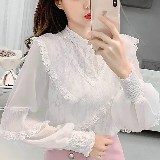 Женская кружевная шифоновая рубашка милая блузка с длинными рукавами фонариками