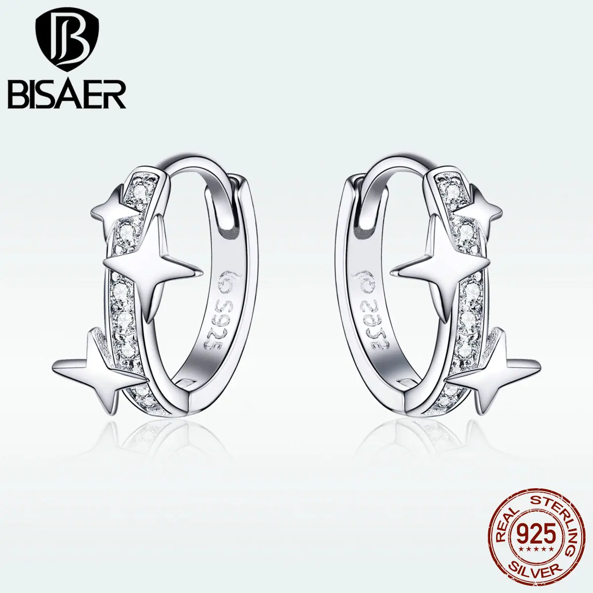 BISAER 100% 925 пробы серебро сияющей Звезды Ясно CZ серьги гвоздики Для женщин