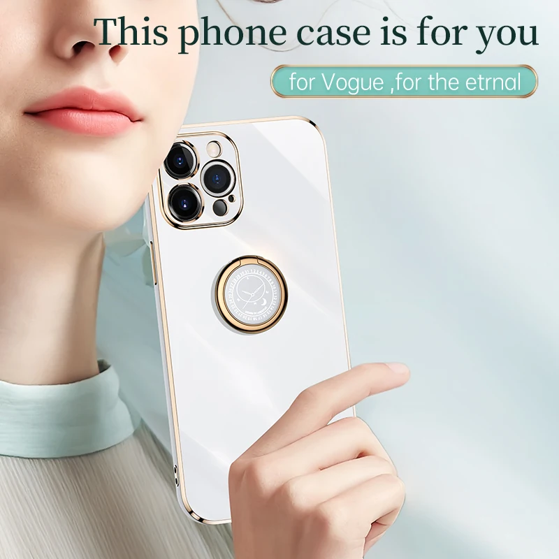 Plating Square Ring Holder Phone Case On For Iphone 11 12 Pro Max 12pro 11pro 8 7 6 S Plus 10 X Xr Luxury Silicone Stand Cover
