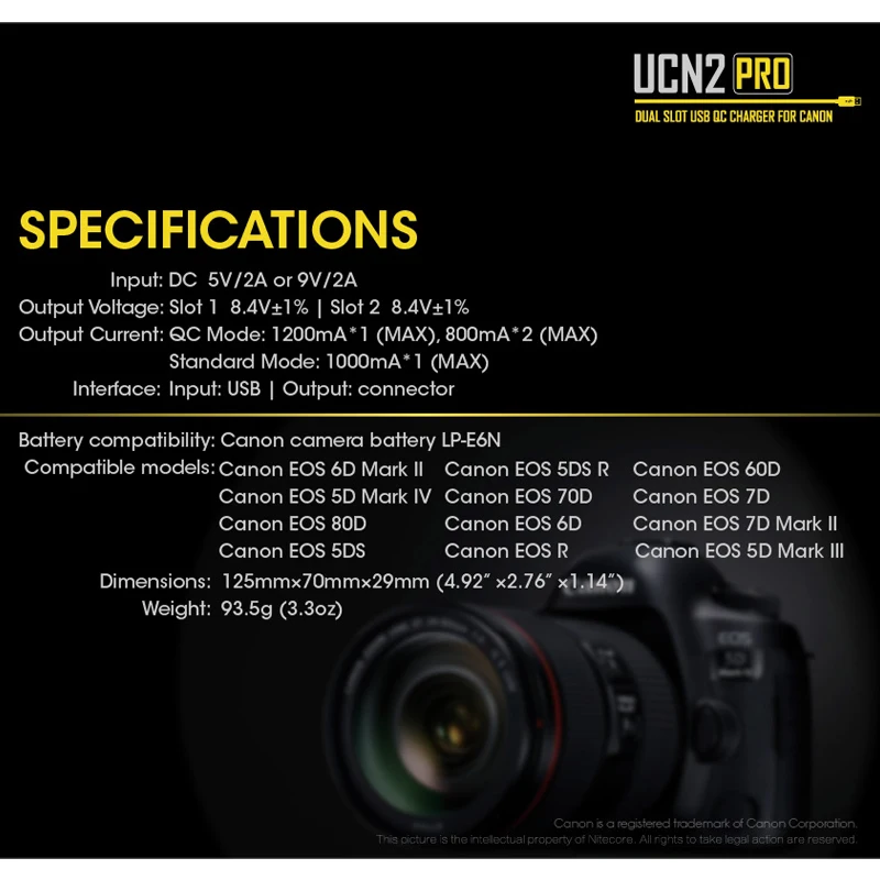 Зарядное устройство Nitecore UCN2 Pro с двумя слотами USB QC для Canon CANON DSLR EOS 60D 5D3 7D 70D 5D Mark II SLR