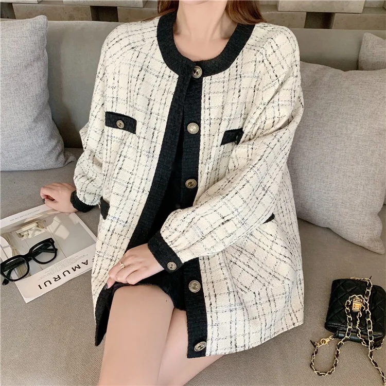 Cech tweed coat women clothes midi Elegant Slim Long Sleeve Plaid Coat Female Vintage jacket autumn winter coat ladies tops