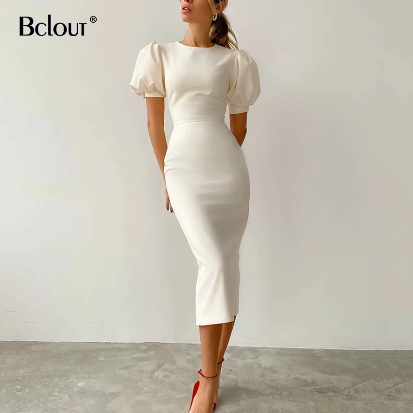

Bclout Short Sleeve Elegant White Bodycon Dress Woman 2021 Sexy Midi Party Summer Dresses O Neck Black High Waist Vestido Female