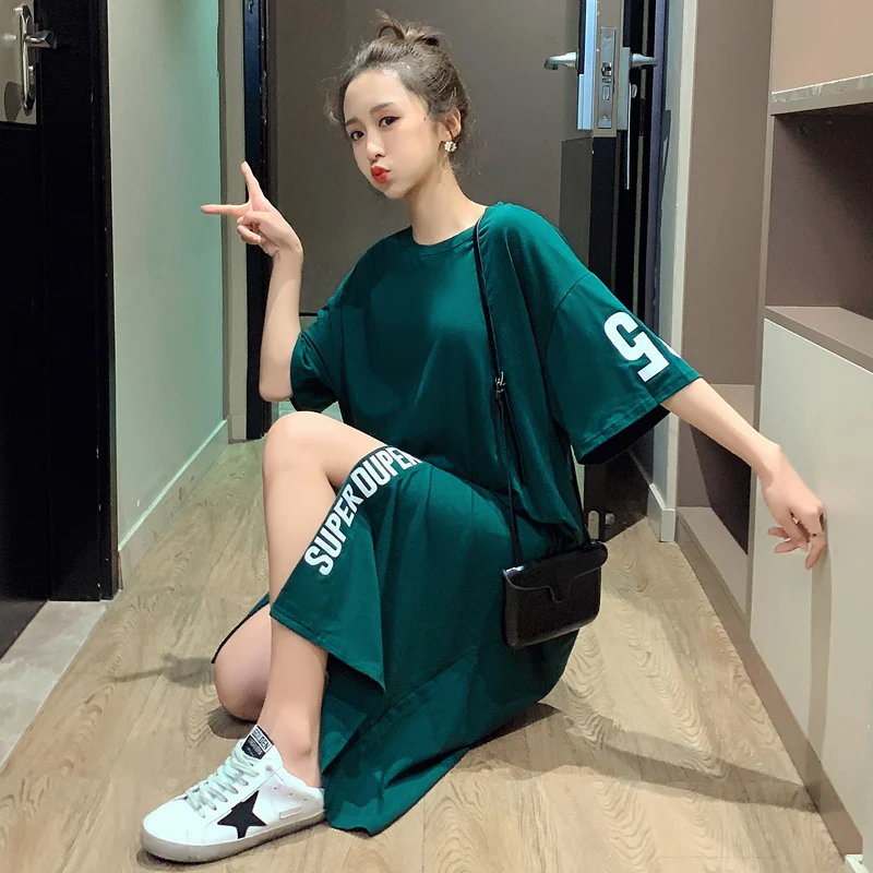 #4920 летнее зеленое платье-футболка Женская хлопковая Повседневная футболка с