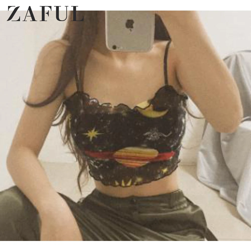 ZAFUL Sun And Moon Lettuce Trim Mesh Cami Top See Through Tank Sexy Sheer Women'S Spaghetti Strap Celestial Short | Женская одежда