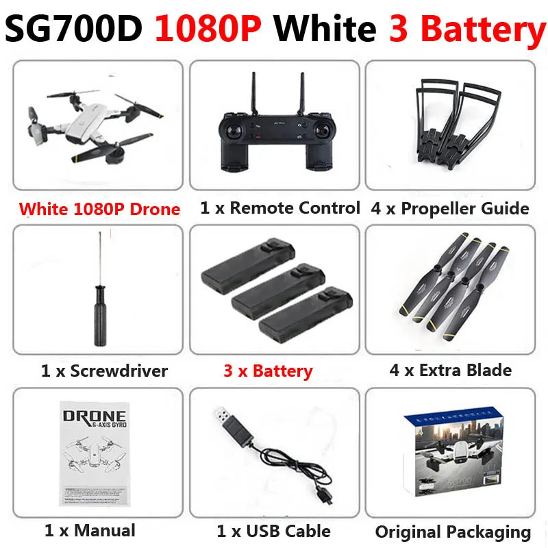 White 1080P 3b Foam SG700-D WiFi FPV RC Дрон с двойной камерой 1080P 720P 4K селфи Профессиональный складной оптический поток Квадрокоптер вертолет - Цвет: White 1080P 3b Foam