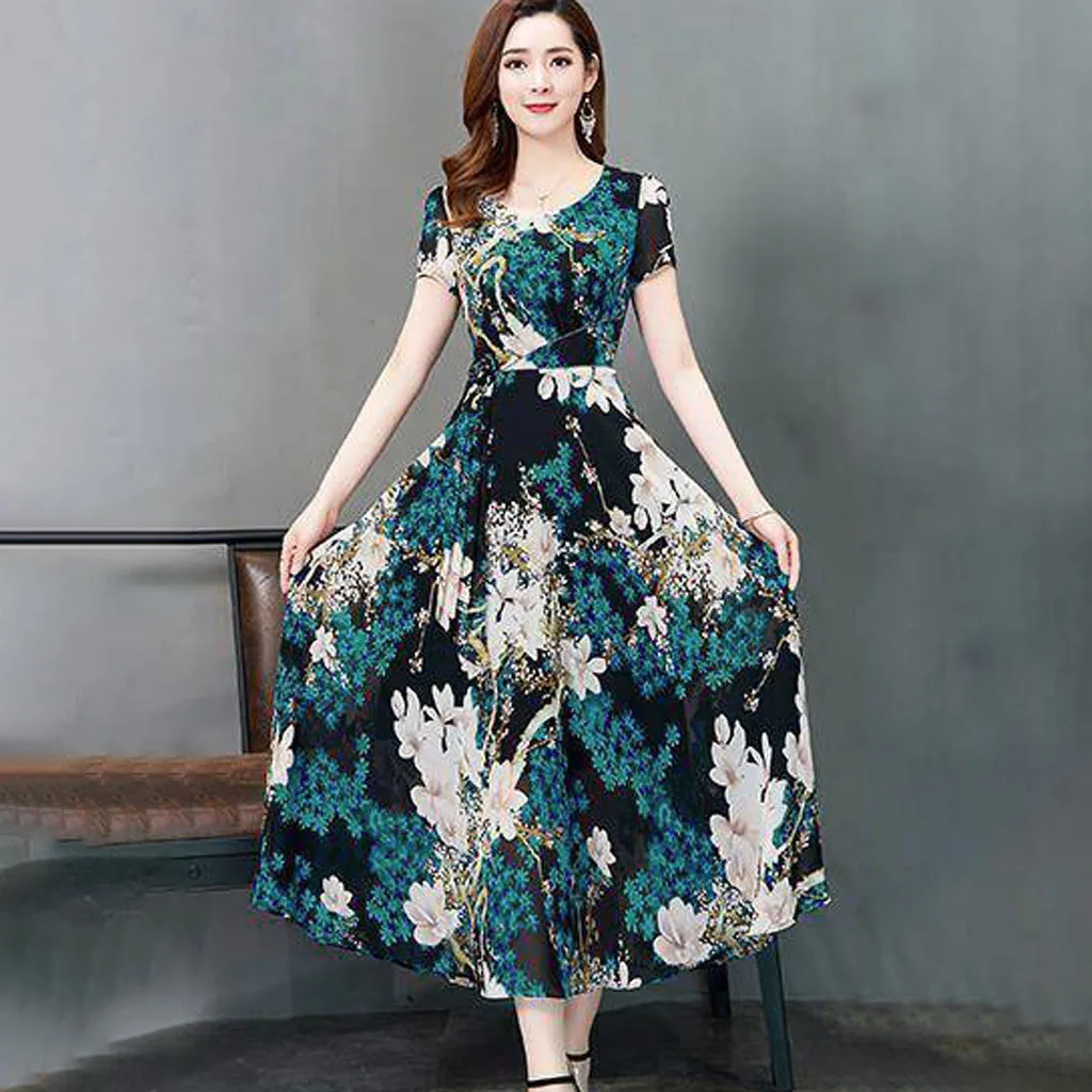 

Fashion Women Casual Autumn Printed O-neck Long Sleeve Dress Long Dress New Chiffon Summer Dress Women Bow Spring Dresses