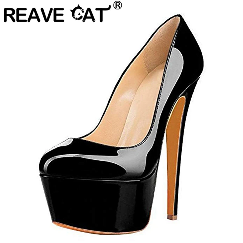 

REAVE CAT Spring Autumn High-Heeled Shoes Pointed Toe 15.5cm Thin Heels Patent Leather Platforms Slip on Large size 35-47 A2817
