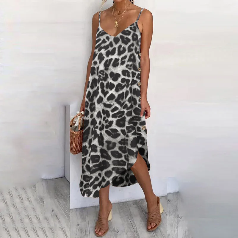 Leopard Dark Grey Женский сарафан, сексуальное летнее пляжное платье на бретельках,, повседневное свободное асимметричное платье на пуговицах размера плюс, Vestidos - Цвет: Leopard Dark Grey