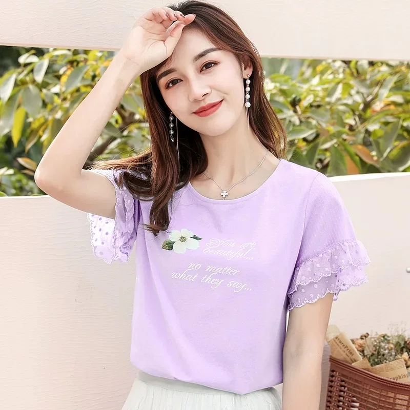 

T-Shirt Women Short Sleeves Shirt 100% Cotton lavender Awesome Femme Summer Top