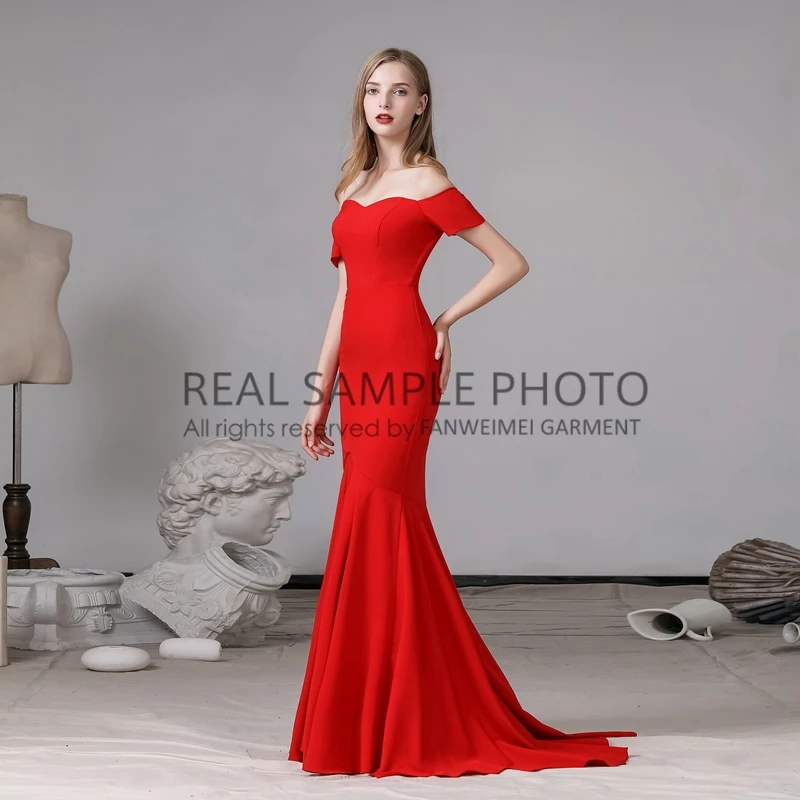Красное Атласное Вечернее платье русалки с открытыми плечами бальное для