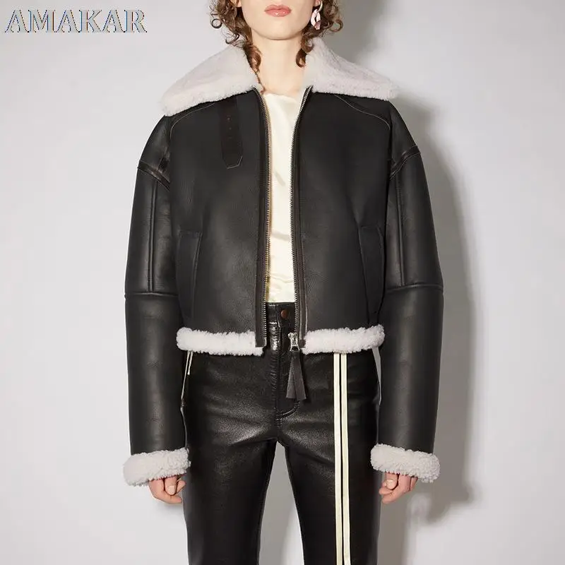 

Женская куртка из натурального овечьего меха, теплая парка из натуральной кожи с отложным воротником, зимняя одежда, 2021