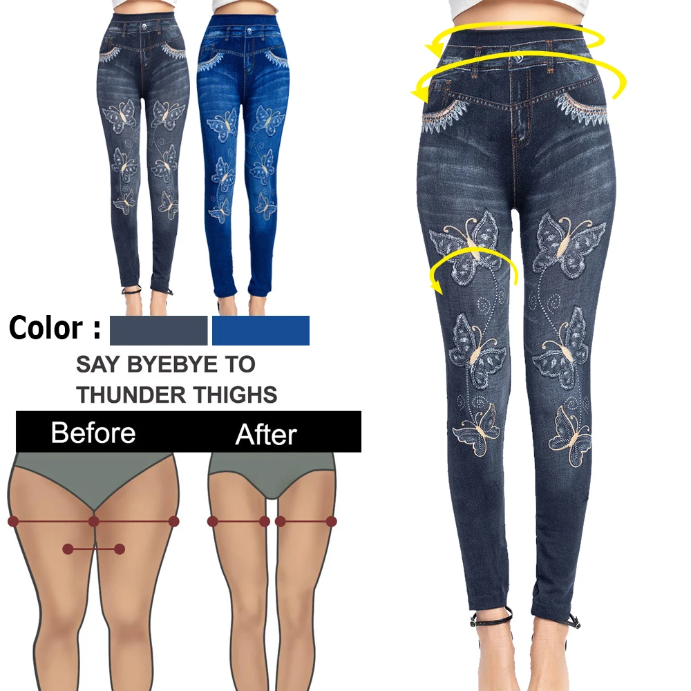 

Women High Waist Fake Jeans Leggings Butterfly Print Ankle Length Pants Super Stretchy Skinny Imitation Jeans Leggings