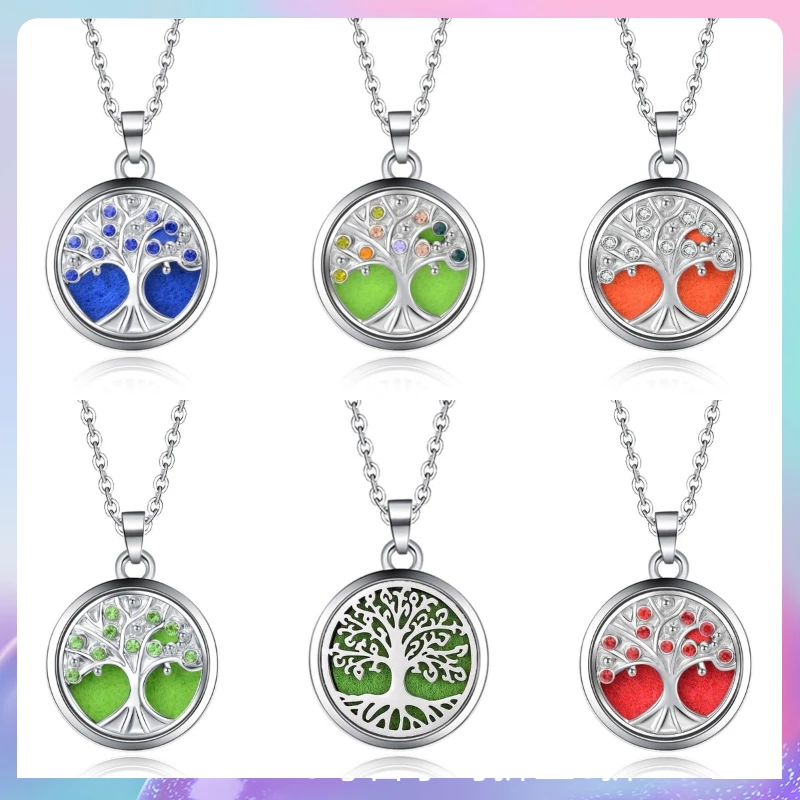 

Colorful Full Diamond Tree Of Life Aromatherapy Necklaces Open Perfume Locket Essential Oils Diffuser Necklace Aroma Jewelry