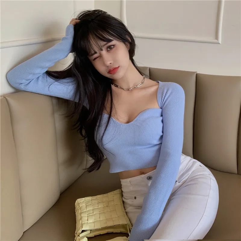 

Women's Spring Tops Sexy Blouse Solid Low-cut Knit Inner Sweater Autumn Long-sleeved Slim Short Sexy Nightclub Party Top 2 Color
