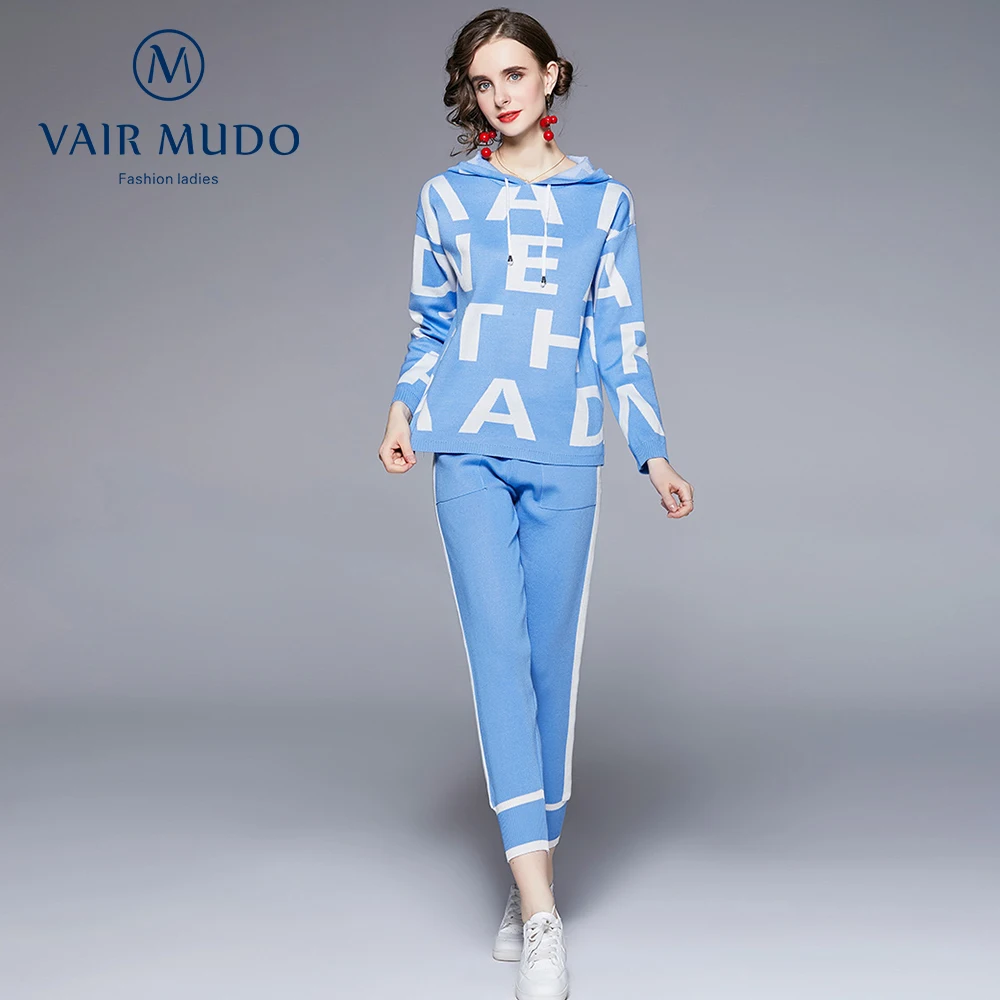 

Женский костюм-двойка VAIR MUDO, Осенний однотонный Повседневный брючный костюм с длинным рукавом, свитшот с надписью