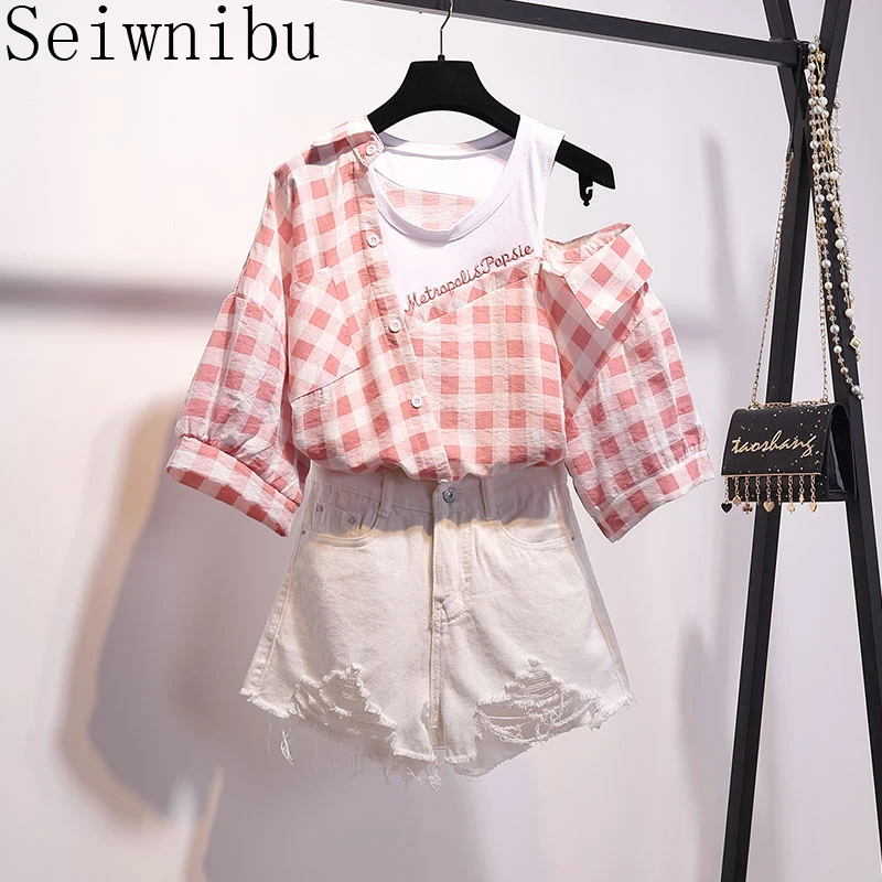 Блузка с коротким рукавом в Корейском стиле цветные женские клетчатые рубашки