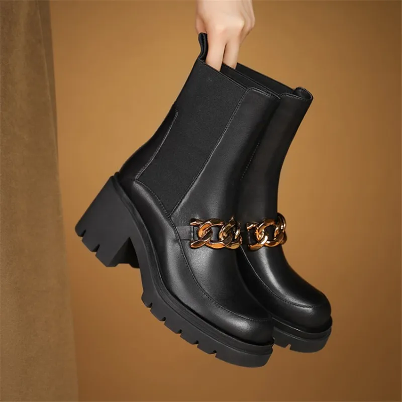 

Новые зимние женские ботинки с круглым носком на толстом каблуке средней длины женские дымчатые Ботинки Челси модные ботинки обувь на высо...