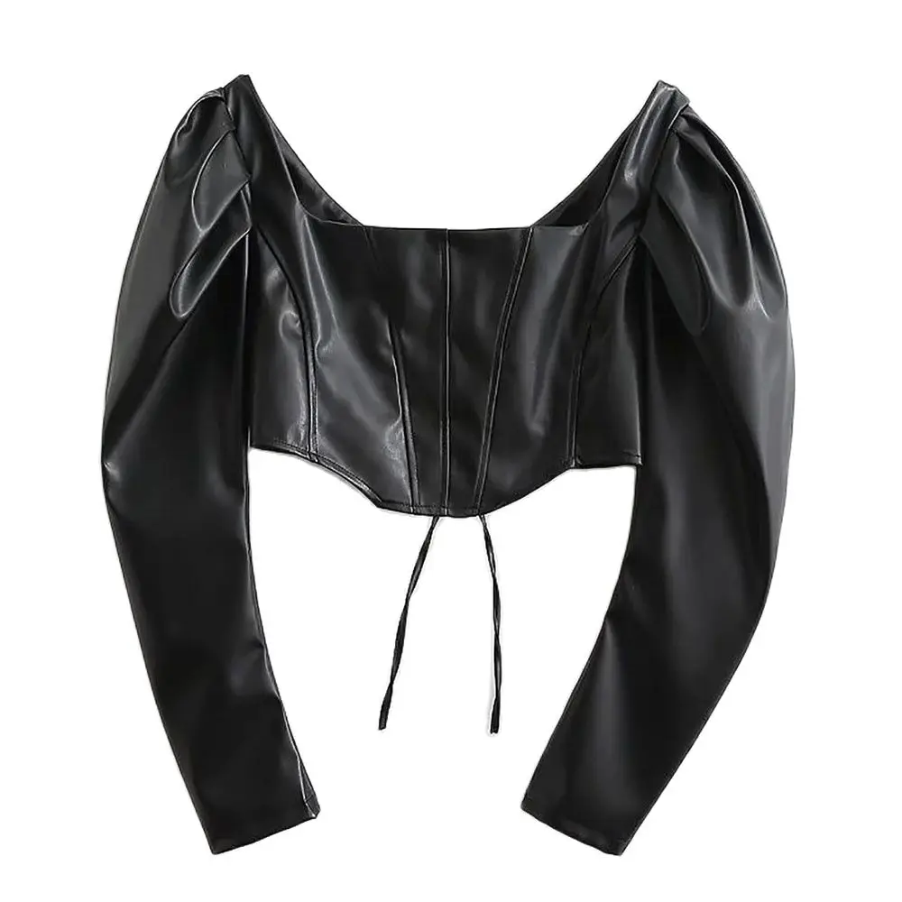 

Женская винтажная блузка XEASY, черная облегающая блузка из искусственной кожи с квадратным вырезом и длинным рукавом, уличная одежда, 2021