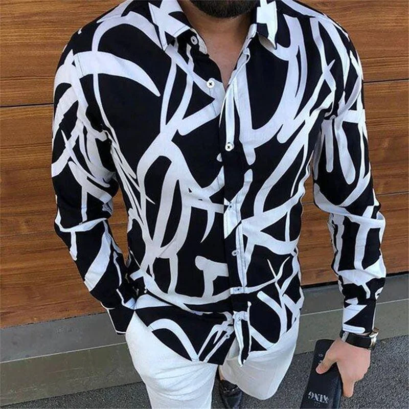 

Casual 2021 Fashion Black White Stripe Print Shirts Vintage Men Long Sleeve Lapel Button Shirt Business Male Tops Streetwear