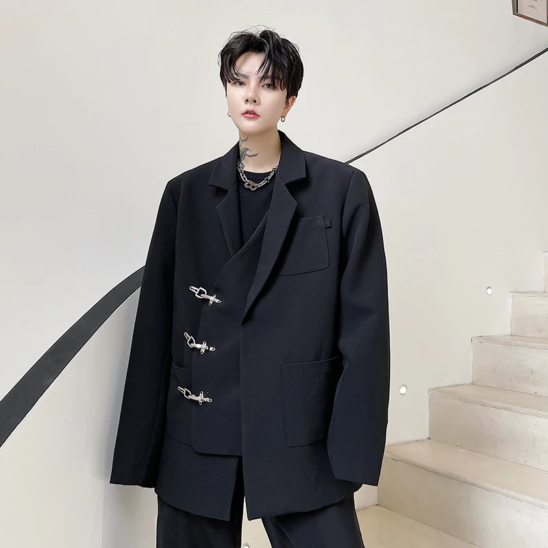 Men Asymmetrical Metal Buckle Loose Casual Vintage Blazer Suit Jacket Man Japanese Korean Streetwear Hip Hop Suit Coat Blazer