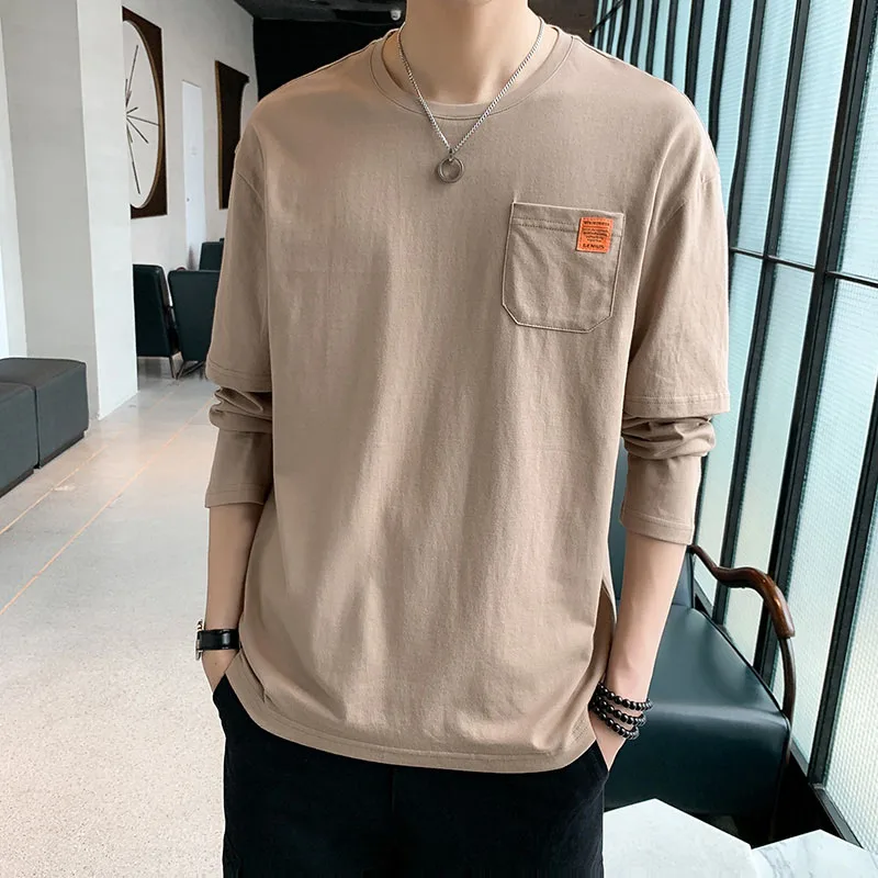 Осень Зима Новая мягкая поддельная футболка с двумя рукавами Мужская Однотонная