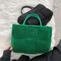 winter new woven womens handbag high quality faux fur large capacity shopping bag luxury designer female plush tote bag green