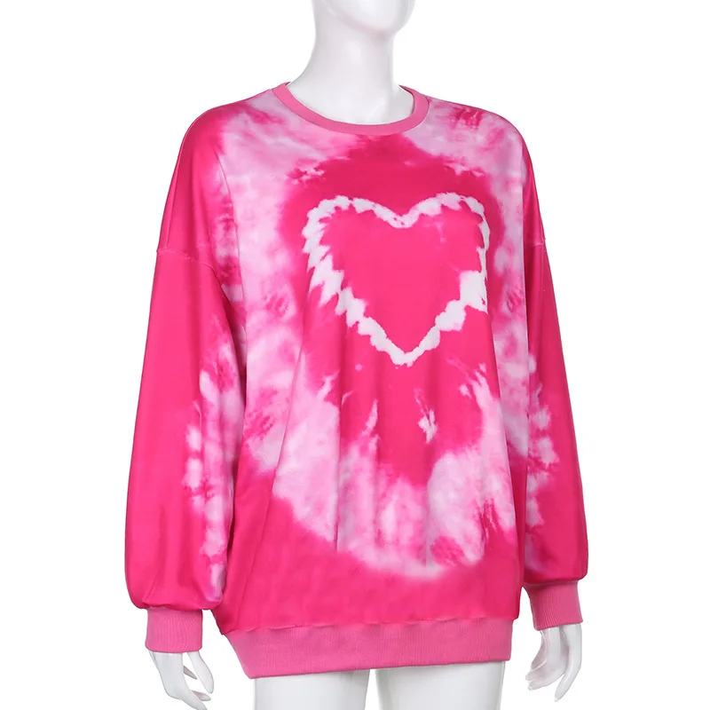 

Sweatshirts Women Autumn 2021 Heart Pattern Y2K Aesthetics Pink Oversized E-Girl Tie Dye Streetwear Long Sleeve Tops Pullovers