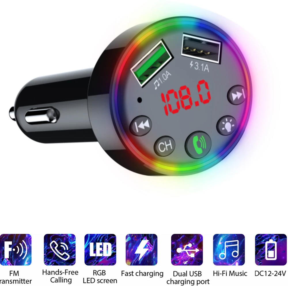 

12-24V 2-USB Car Fast Charger Bluetooth 5.0 FM Transmitter Radio MP3 Player Hand-Free Callilng 7-Color LED Backlit Display