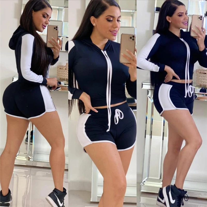 

Adogirl Women Color Patchwork Tracksuit Long Sleeve Hooded T Shirt Crop Top Skinny Shorts Suit Casual Two Piece Set Sportswear