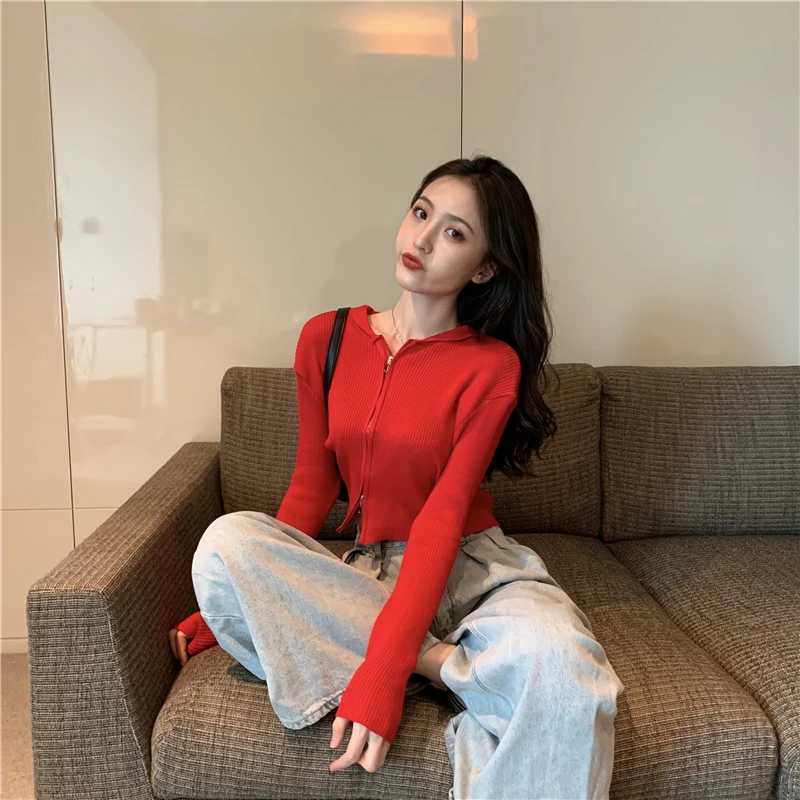 

2021 New Fashion Black Ribbed Zip-Up Cardigans Casual Turn-Down Collar Long Sleeve Autumn Sweater Sexy Cropped Tops Knitting